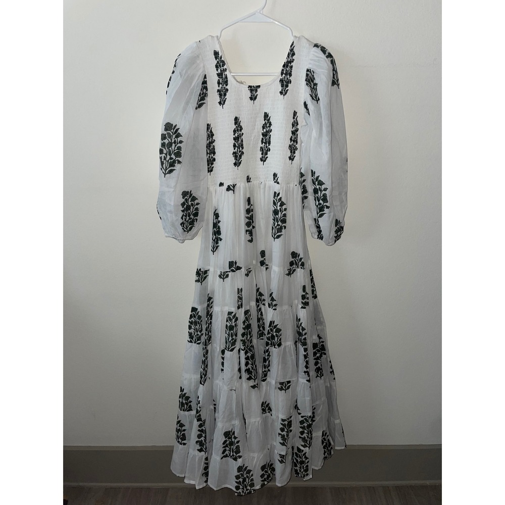 SZ Blockprints Yuva Maxi Dress White Black Floral Smocked Puff Sleeve Small NWT - Picture 4 of 4